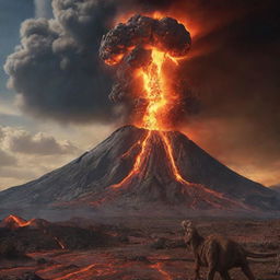 A Cataclysmic image of a volcano violently erupting, spewing molten lava and showering meteors across the Jurassic landscape, sadly resulting in a massive dinosaur extinction.