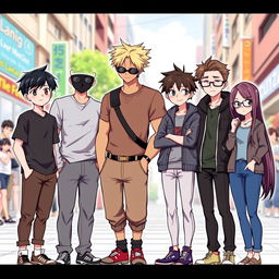 A diverse group of six characters gathered together in a casual setting
