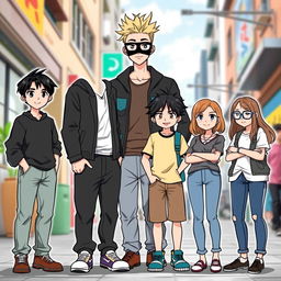 A diverse group of six characters gathered together in a casual setting