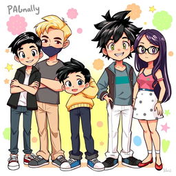 A vibrant 2D illustration featuring a diverse group of six characters