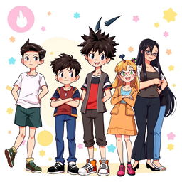 A vibrant 2D illustration featuring a diverse group of six characters