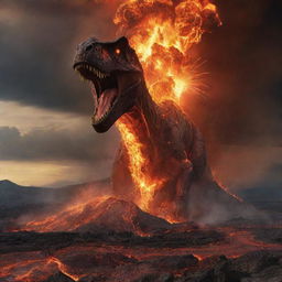 A Cataclysmic image of a volcano violently erupting, spewing molten lava and showering meteors across the Jurassic landscape, sadly resulting in a massive dinosaur extinction.