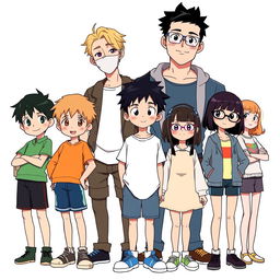 A group of seven characters standing together in a dynamic pose
