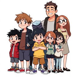 A group of seven characters standing together in a dynamic pose