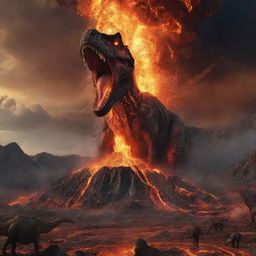 A Cataclysmic image of a volcano violently erupting, spewing molten lava and showering meteors across the Jurassic landscape, sadly resulting in a massive dinosaur extinction.