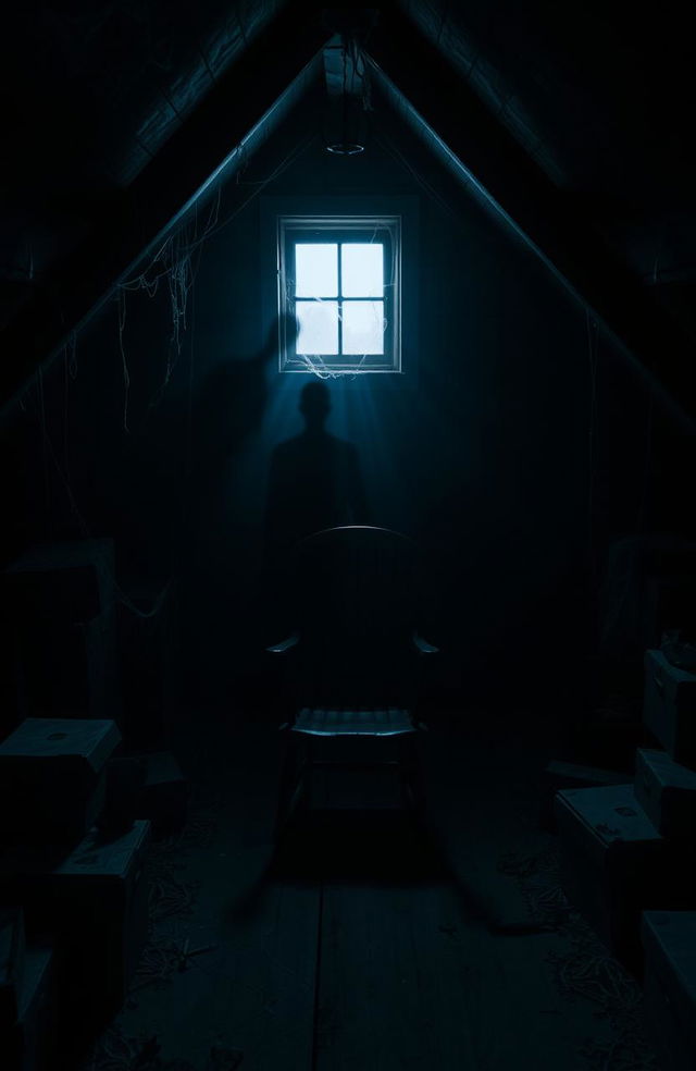 A dark, atmospheric attic filled with shadows and mystery