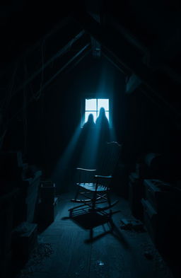 A dark, atmospheric attic filled with shadows and mystery