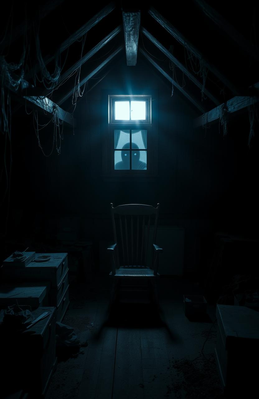 A dark, atmospheric attic filled with shadows and mystery