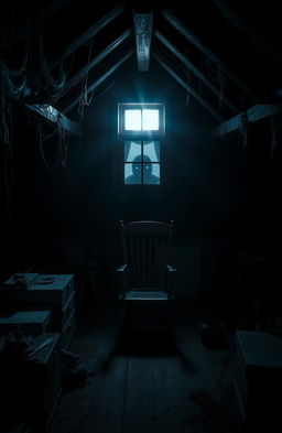 A dark, atmospheric attic filled with shadows and mystery