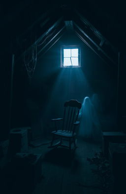 A dark, atmospheric attic filled with shadows and mystery