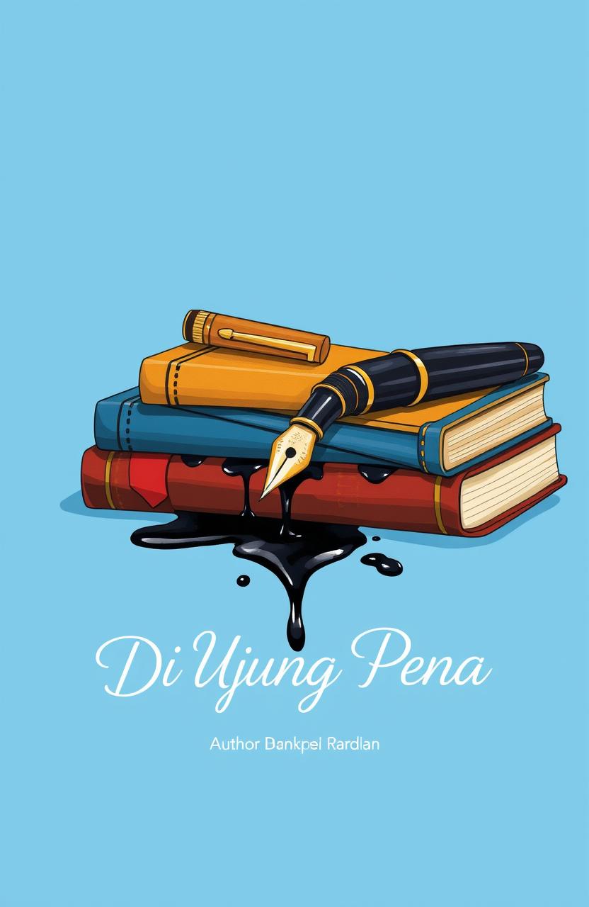 An artistic illustration featuring a blue background with a detailed depiction of a classic fountain pen lying elegantly on a stack of assorted books