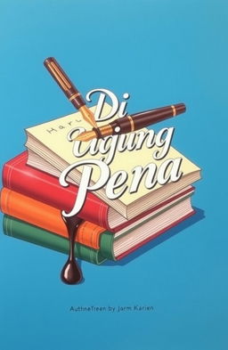 An artistic illustration featuring a blue background with a detailed depiction of a classic fountain pen lying elegantly on a stack of assorted books