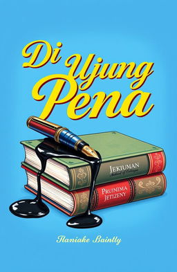 An artistic illustration featuring a blue background with a detailed depiction of a classic fountain pen lying elegantly on a stack of assorted books