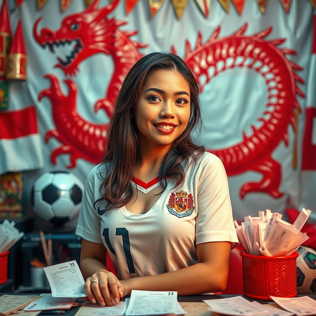 A captivating scene featuring an alluring Indonesian woman in a football jersey, seductively posing as she engages in soccer betting