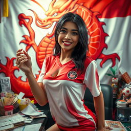 A captivating scene featuring an alluring Indonesian woman in a football jersey, seductively posing as she engages in soccer betting