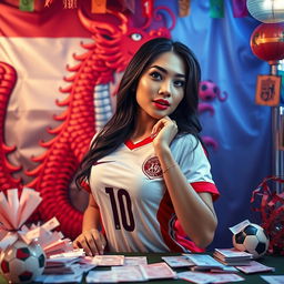 A captivating scene featuring an alluring Indonesian woman in a football jersey, seductively posing as she engages in soccer betting