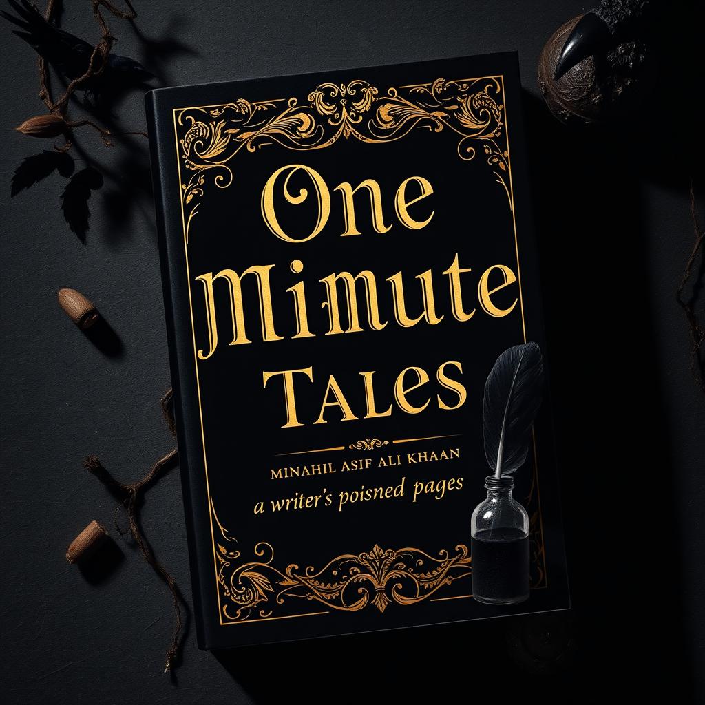 A book cover design for 'One Minute Tales' by Minahil Asif Ali Khan featuring an attractive aesthetic in black and gold with a creepy touch