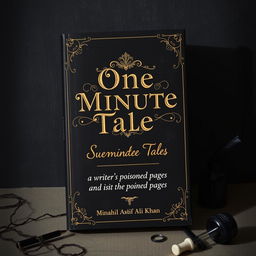 A book cover design for 'One Minute Tales' by Minahil Asif Ali Khan featuring an attractive aesthetic in black and gold with a creepy touch