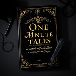 A book cover design for 'One Minute Tales' by Minahil Asif Ali Khan featuring an attractive aesthetic in black and gold with a creepy touch