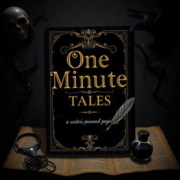 A book cover design for 'One Minute Tales' by Minahil Asif Ali Khan featuring an attractive aesthetic in black and gold with a creepy touch