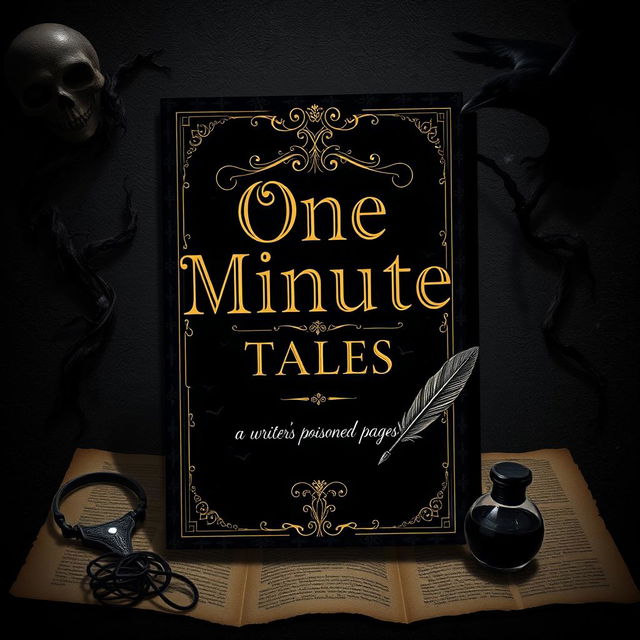 A book cover design for 'One Minute Tales' by Minahil Asif Ali Khan featuring an attractive aesthetic in black and gold with a creepy touch