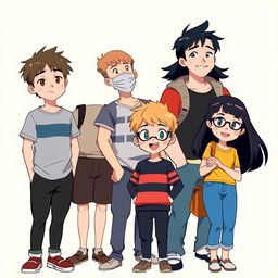 A group of seven characters standing together in a lively scene