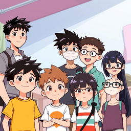 A group of seven characters standing together in a lively scene