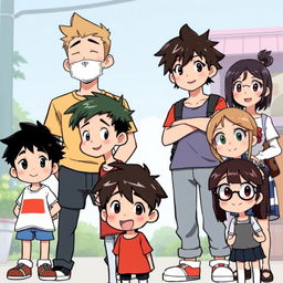 A group of seven characters standing together in a lively scene