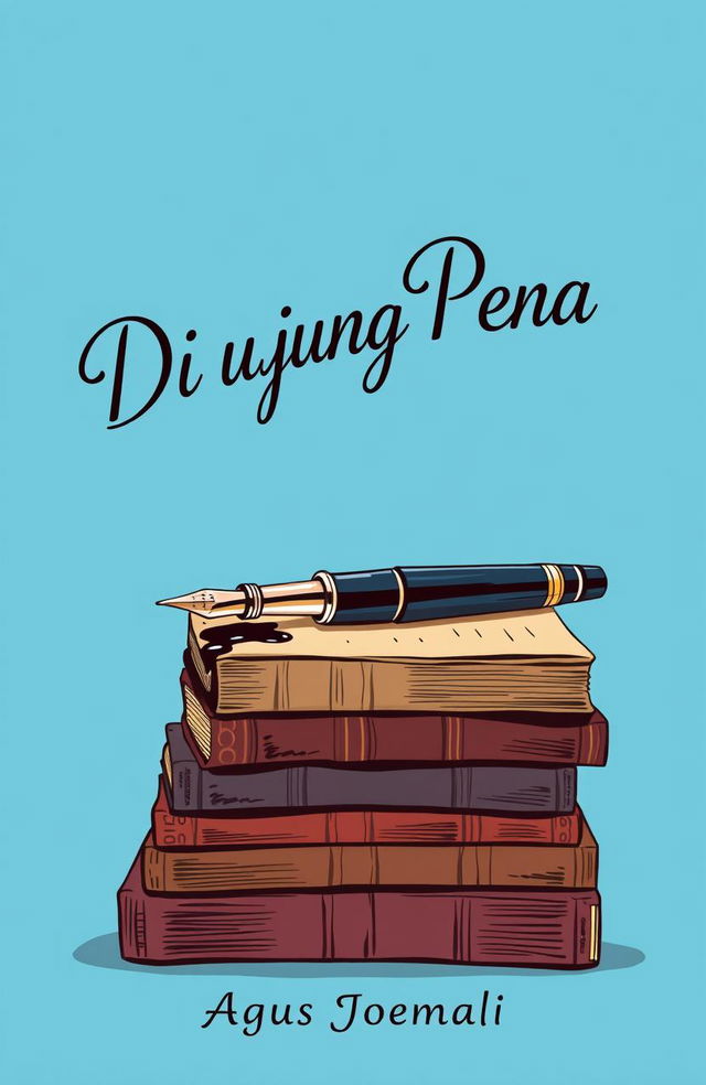 An artistic illustration featuring a blue background, with a classic fountain pen lying atop a stack of vintage books