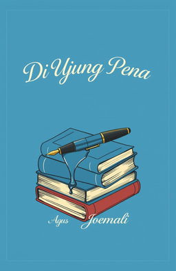 An artistic illustration featuring a blue background, with a classic fountain pen lying atop a stack of vintage books