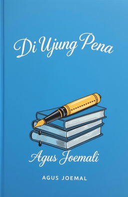 An artistic illustration featuring a blue background, with a classic fountain pen lying atop a stack of vintage books