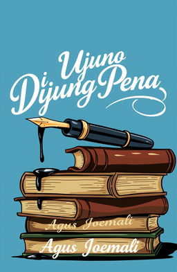 An artistic illustration featuring a blue background, with a classic fountain pen lying atop a stack of vintage books