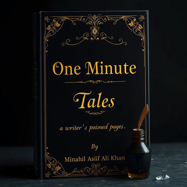 A captivating book cover design for 'One Minute Tales' by Minahil Asif Ali Khan, featuring a dark and aesthetic theme in black and gold with a creepy touch