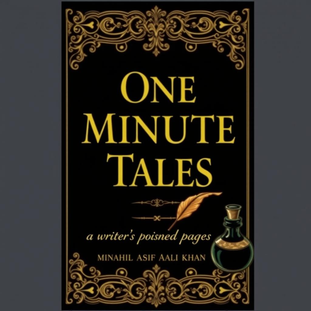 A captivating book cover design for 'One Minute Tales' by Minahil Asif Ali Khan, featuring a dark and aesthetic theme in black and gold with a creepy touch