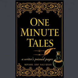 A captivating book cover design for 'One Minute Tales' by Minahil Asif Ali Khan, featuring a dark and aesthetic theme in black and gold with a creepy touch