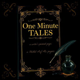 A captivating book cover design for 'One Minute Tales' by Minahil Asif Ali Khan, featuring a dark and aesthetic theme in black and gold with a creepy touch