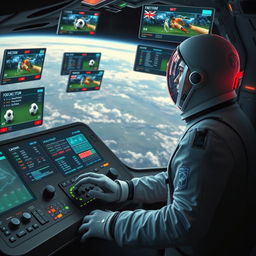 An imaginative scene featuring a spaceman in a sleek, futuristic spacesuit, intently engaged in betting on soccer matches from a high-tech control panel aboard a space station