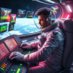 An imaginative scene featuring a spaceman in a sleek, futuristic spacesuit, intently engaged in betting on soccer matches from a high-tech control panel aboard a space station