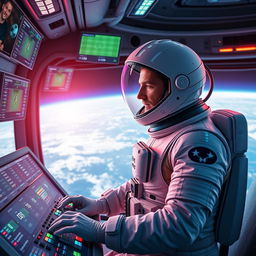 An imaginative scene featuring a spaceman in a sleek, futuristic spacesuit, intently engaged in betting on soccer matches from a high-tech control panel aboard a space station