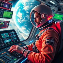 An imaginative scene featuring a spaceman in a sleek, futuristic spacesuit, intently engaged in betting on soccer matches from a high-tech control panel aboard a space station