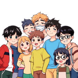 A vibrant scene depicting seven characters together, showcasing diversity among them
