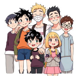 A vibrant scene depicting seven characters together, showcasing diversity among them