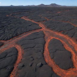 An image showcasing the dramatic splitting of a continent, leading to the extinction of all dinosaurs. The remaining fossils are now embedded in the hardened lava flows and metamorphic rocks.