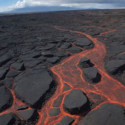 An image showcasing the dramatic splitting of a continent, leading to the extinction of all dinosaurs. The remaining fossils are now embedded in the hardened lava flows and metamorphic rocks.