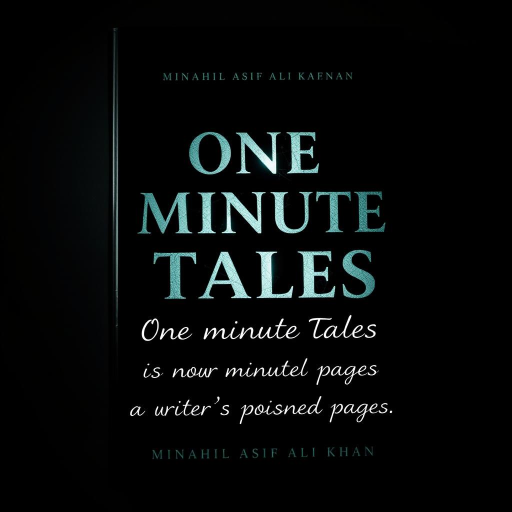 A hauntingly beautiful book cover design for 'One Minute Tales' by Minahil Asif Ali Khan, emphasizing the words as the main focus