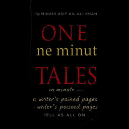 A hauntingly beautiful book cover design for 'One Minute Tales' by Minahil Asif Ali Khan, emphasizing the words as the main focus