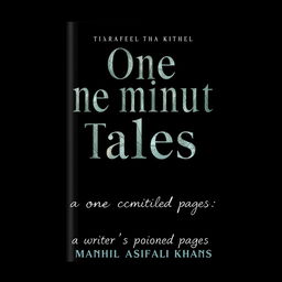 A hauntingly beautiful book cover design for 'One Minute Tales' by Minahil Asif Ali Khan, emphasizing the words as the main focus