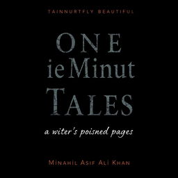 A hauntingly beautiful book cover design for 'One Minute Tales' by Minahil Asif Ali Khan, emphasizing the words as the main focus