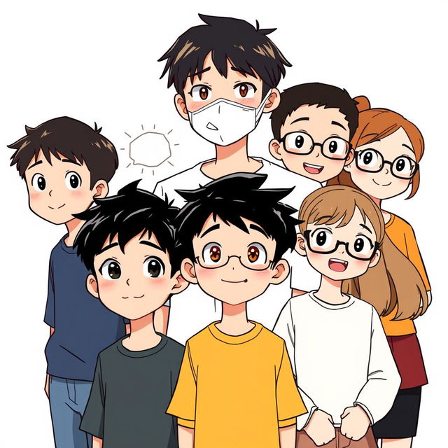 A lively composition featuring six distinct characters