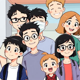 A lively composition featuring six distinct characters